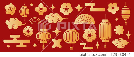 Golden Chinese New Year Set with Lanterns and Clouds 129380465