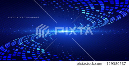 Futuristic square pattern curve with blue lighting effect and sparkle on blue background. 129380587