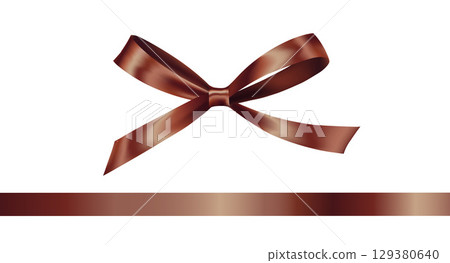 Shiny Brown satin ribbon on white background. Vector Christmas gift, valentines day, birthday wrapping element 129380640