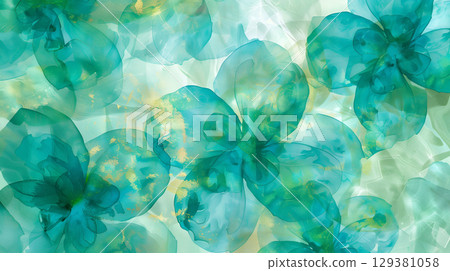 Delicate teal flowers on a swirling marble ink background creating a serene artistic atmosphere 129381058