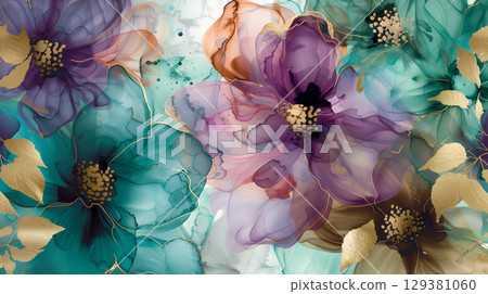 Vibrant flowers with gold accents on a marble ink background in a serene composition Vibrant flowers with gold accents on a marble ink background in a serene composition 129381060