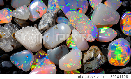 Colorful opal stones with iridescent sheen scattered on a dark surface in natural light Colorful opal stones with iridescent sheen scattered on a dark surface in natural light 129381108