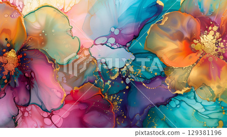Vibrant marble ink background with colorful floral motifs showcasing artistic fluidity 129381196