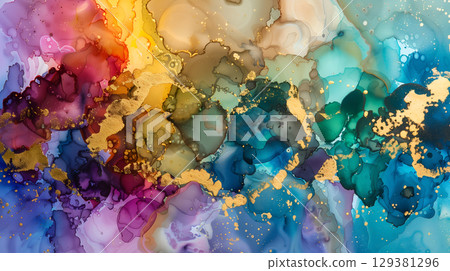 Vibrant marble ink background with rich colors and gold accents in an artistic composition 129381296