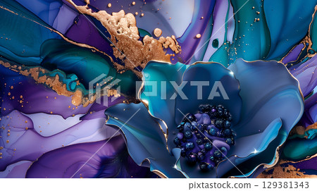 Elegant blue flower with marble ink on a vibrant background, showcasing fluid art 129381343