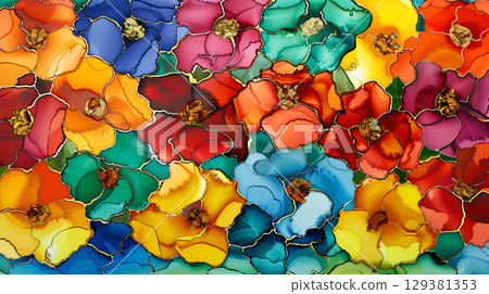 Colorful abstract floral pattern with vibrant hues and marble ink background 129381353