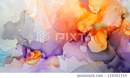 Marble ink background with vibrant orange and purple swirls and soft pastel hues in abstract design Marble ink background with vibrant orange and purple swirls and soft pastel hues in abstract design 129381354