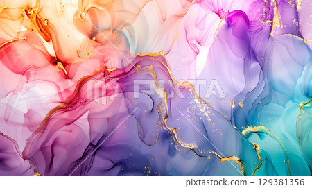 Swirling marble ink background in vibrant colors with gold accents for decorative use 129381356