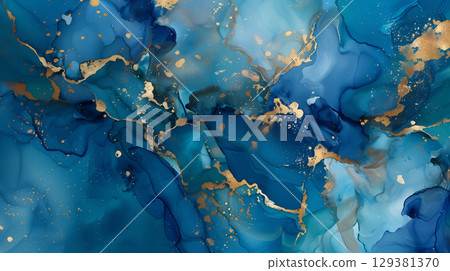 A vibrant marble ink background featuring shades of blue and gold swirls 129381370