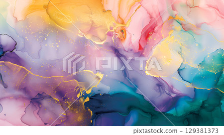 Beautiful marble ink background blending vibrant colors in a fluid artistic design 129381373