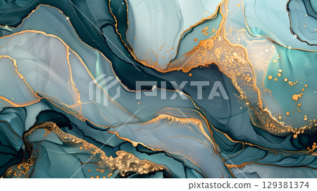 Elegant marble ink background featuring swirling blue and gold patterns with a modern aesthetic Elegant marble ink background featuring swirling blue and gold patterns with a modern aesthetic 129381374