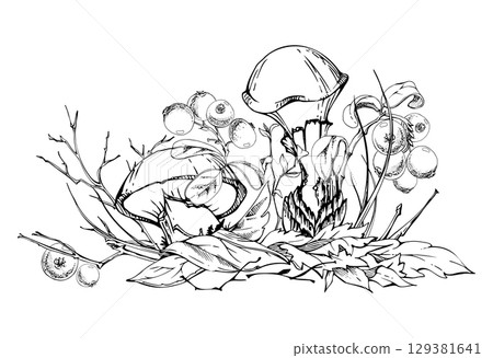 Suillus larch bolete slippery jack mushroom, cranberry lingonberry berries. Fungi on top of fallen autumn leaves with twigs needles. Hand drawn vector ink Illustration. Autumn woodland natural scene. Suillus larch bolete slippery jack mushroom, cranberry lingonberry berries. Fungi on top of fallen autumn leaves with twigs needles. Hand drawn vector ink Illustration. Autumn woodland natural scene. 129381641