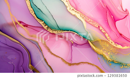 Elegant marble ink background with vibrant colors and delicate gold accents 129381650