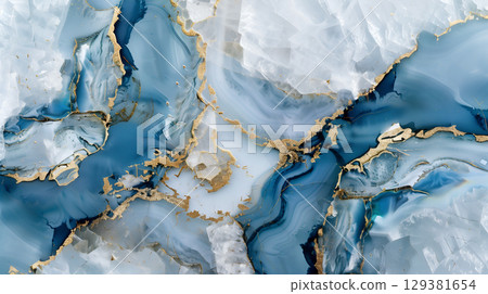 Swirling marble ink background with blue and gold accents for creative projects and designs 129381654