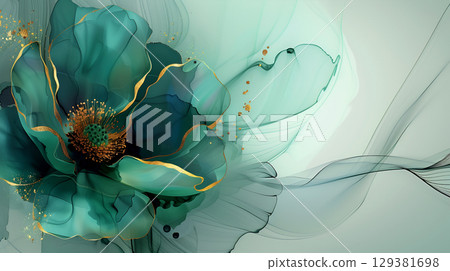 Elegant turquoise marble ink flower artwork with delicate gold accents and soft flowing lines 129381698
