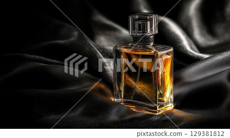 Golden perfume bottle on dark silk with copy space Golden perfume bottle on dark silk with copy space 129381812