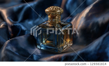 Ornate perfume bottle on blue silk, with space for design 129381814