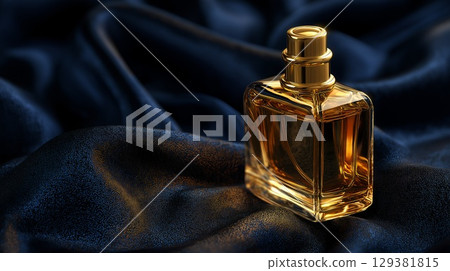 Golden perfume bottle on dark silk, with space for design 129381815