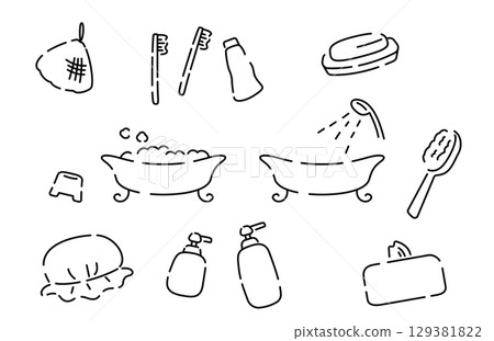 Cute hand-drawn bath material set 129381822
