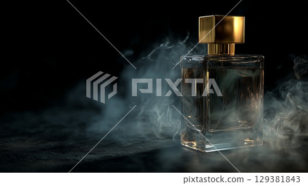 Golden perfume bottle in smoke, with space for design 129381843
