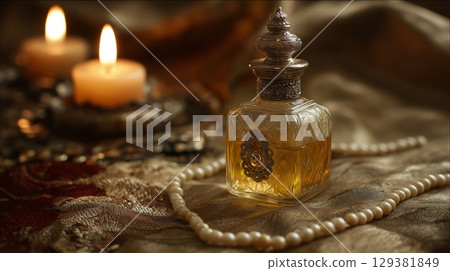 Vintage perfume bottle with candles, with space for design 129381849