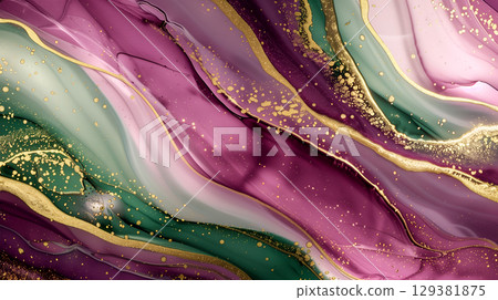 Elegant marble ink background featuring rich purples, greens, and gold accents in vibrant swirls 129381875