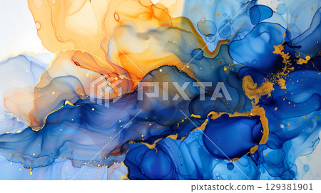 Elegant marble ink background blending vibrant blue, orange, and gold colors for creative design 129381901