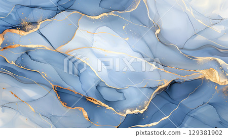 Elegant blue and gold marble ink design with flowing patterns for artistic backgrounds 129381902