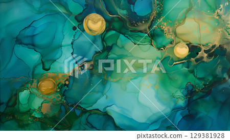 Abstract marble ink background with vibrant blue and green hues featuring golden circular accents 129381928