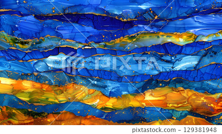 Abstract marble ink background blending vibrant shades of blue and gold with smooth flowing patterns 129381948