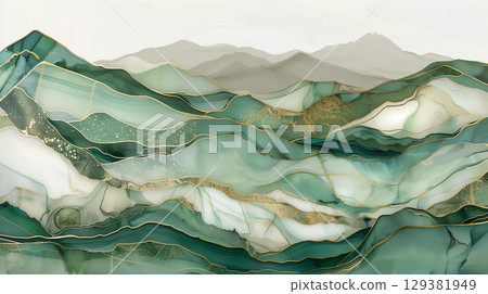 Artistic marble ink background featuring serene green mountains with intricate gold lines 129381949