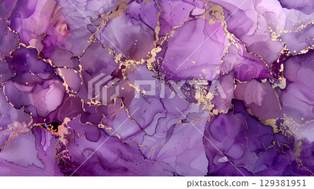 Elegant marble ink background featuring rich purple hues and delicate gold accents 129381951