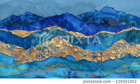 Marble ink background featuring vibrant blue tones and gold accents creating a textured landscape 129381952
