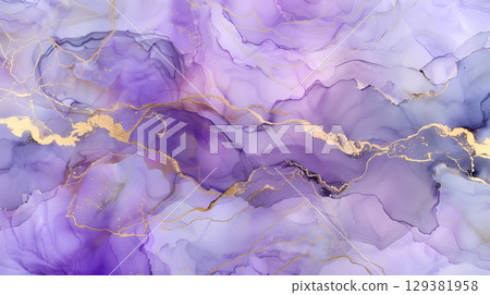 Elegant marble ink background featuring soft purple hues and gold accents in abstract design 129381958