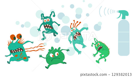 Spraying disinfectant. Hand holding and pressing down nozzle of aerosol can spraying liquid particles mist. Detergent and disinfectant. Antiseptic spray in flask. Vector illustration 129382013