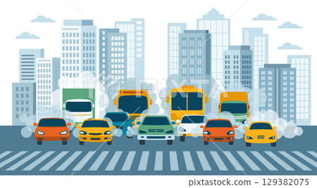 Concept of heavy urban traffic and air pollution. Vector of cars on highway with carbon dioxide clouds Concept of heavy urban traffic and air pollution. Vector of cars on highway with carbon dioxide clouds 129382075