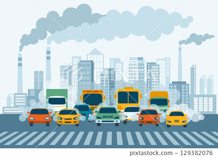 The issue of air pollution caused by industrial emissions and motor vehicles. Cars driving on a highway with carbon dioxide clouds in the background of industrial facilities The issue of air pollution caused by industrial emissions and motor vehicles. Cars driving on a highway with carbon dioxide clouds in the background of industrial facilities 129382076