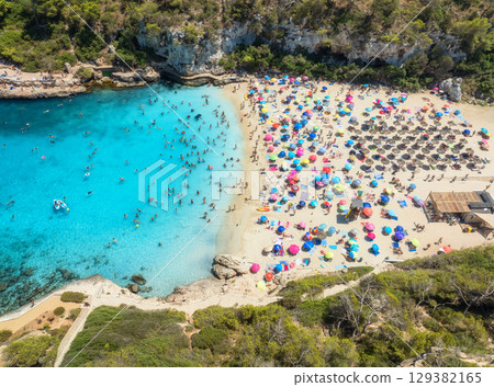 Cala Romantica sandy beach, aerial drone view, Mallorca, Spain 129382165