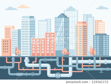 Underground pipelines. City engineering network. Gas pipes, water supply, sewerage, electrical networks. Vector illustration Underground pipelines. City engineering network. Gas pipes, water supply, sewerage, electrical networks. Vector illustration 129382172