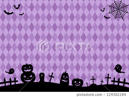 Cute Halloween background illustration (purple) with silhouettes of pumpkins, graves, and bats Cute Halloween background illustration (purple) with silhouettes of pumpkins, graves, and bats 129382284