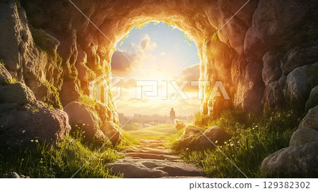 The discovery of the empty tomb at dawn, symbolizing the resurrection of Jesus Christ 129382302