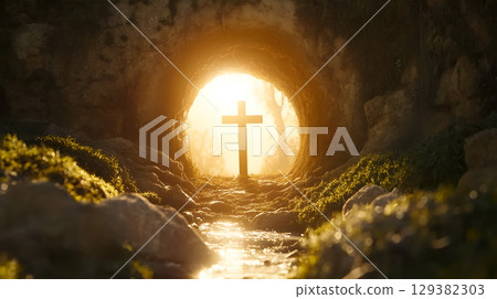 The radiant moment of Jesus' resurrection at the empty tomb during dawn light The radiant moment of Jesus' resurrection at the empty tomb during dawn light 129382303