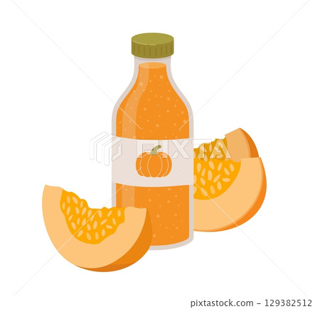 Jar with pumpkin smoothie isolated on white background. Vector illustration of healthy vegetable drink. Autumn seasonal products. Vegan eating. Jar with pumpkin smoothie isolated on white background. Vector illustration of healthy vegetable drink. Autumn seasonal products. Vegan eating. 129382512