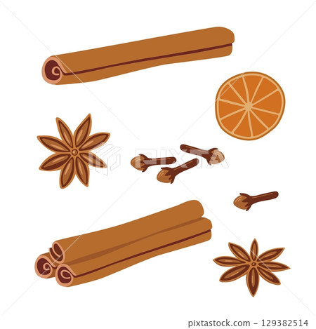 Set with cinnamon, clove, dried orange and anise on white background. Cartoon spice vector illustration for Christmas holiday decoration, menu. Set with cinnamon, clove, dried orange and anise on white background. Cartoon spice vector illustration for Christmas holiday decoration, menu. 129382514