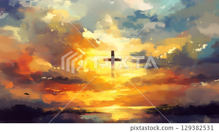 A cross illuminated by a vibrant sunset under a vast sky evokes themes of resurrection and hope A cross illuminated by a vibrant sunset under a vast sky evokes themes of resurrection and hope 129382531