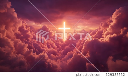 A golden cross glowing among vibrant clouds at sunset symbolizes hope and resurrection A golden cross glowing among vibrant clouds at sunset symbolizes hope and resurrection 129382532