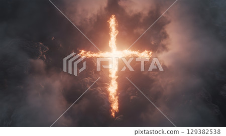 The fiery cross illuminating the sky symbolizes resurrection and divine presence in Christianity The fiery cross illuminating the sky symbolizes resurrection and divine presence in Christianity 129382538