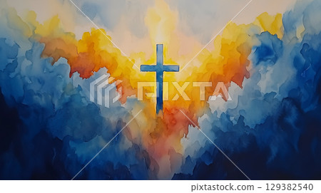 A vibrant depiction of a cross against a colorful sky representing resurrection and faith A vibrant depiction of a cross against a colorful sky representing resurrection and faith 129382540