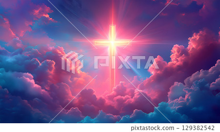 A radiant cross shines brightly against a colorful sky symbolizing resurrection and hope A radiant cross shines brightly against a colorful sky symbolizing resurrection and hope 129382542