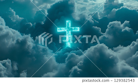 A luminous cross stands high in the sky amidst soft clouds, symbolizing hope and resurrection 129382543